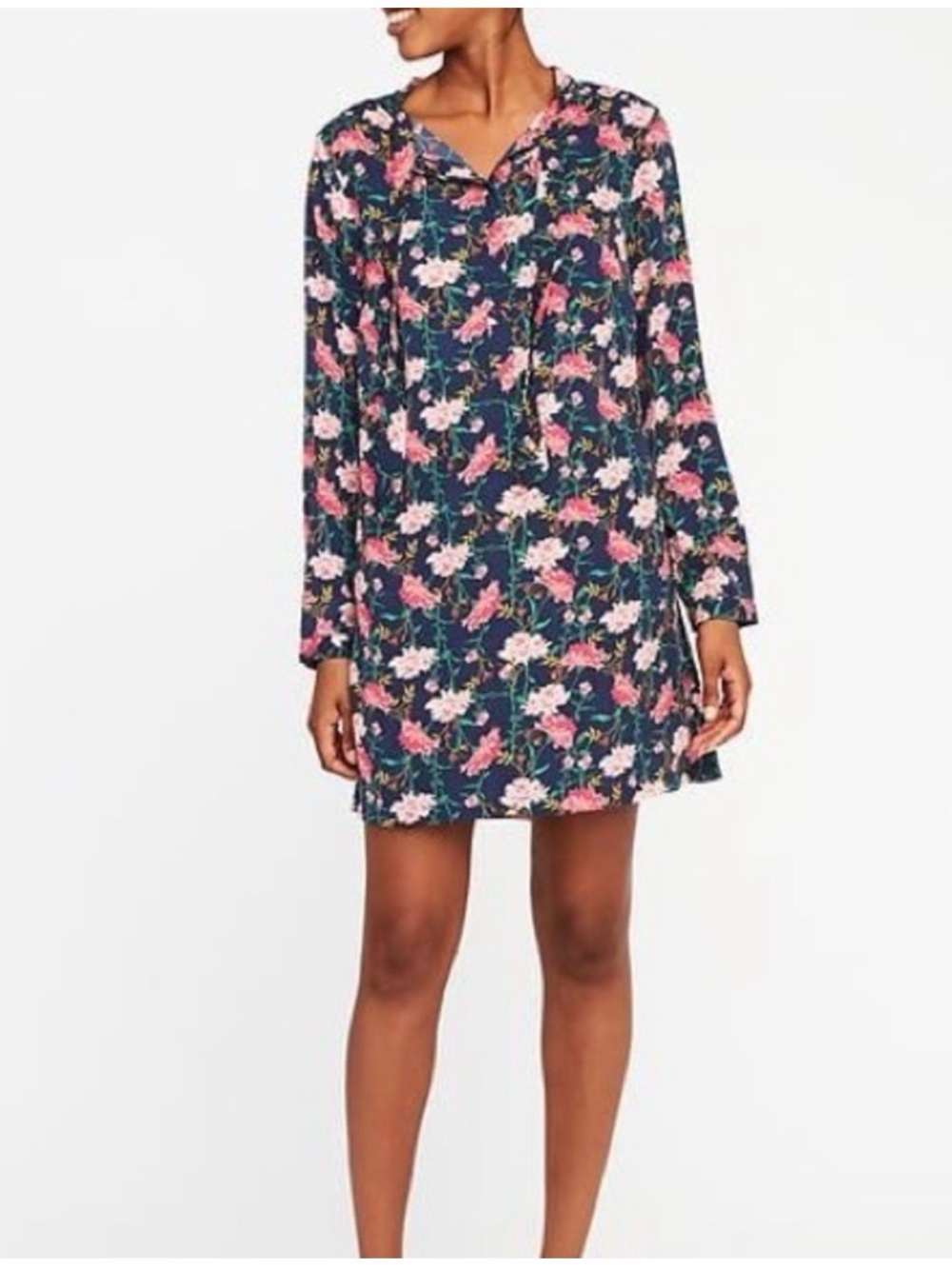Old Navy Floral Navy Long-Sleeve Shift Dress - Pink Blossom Print